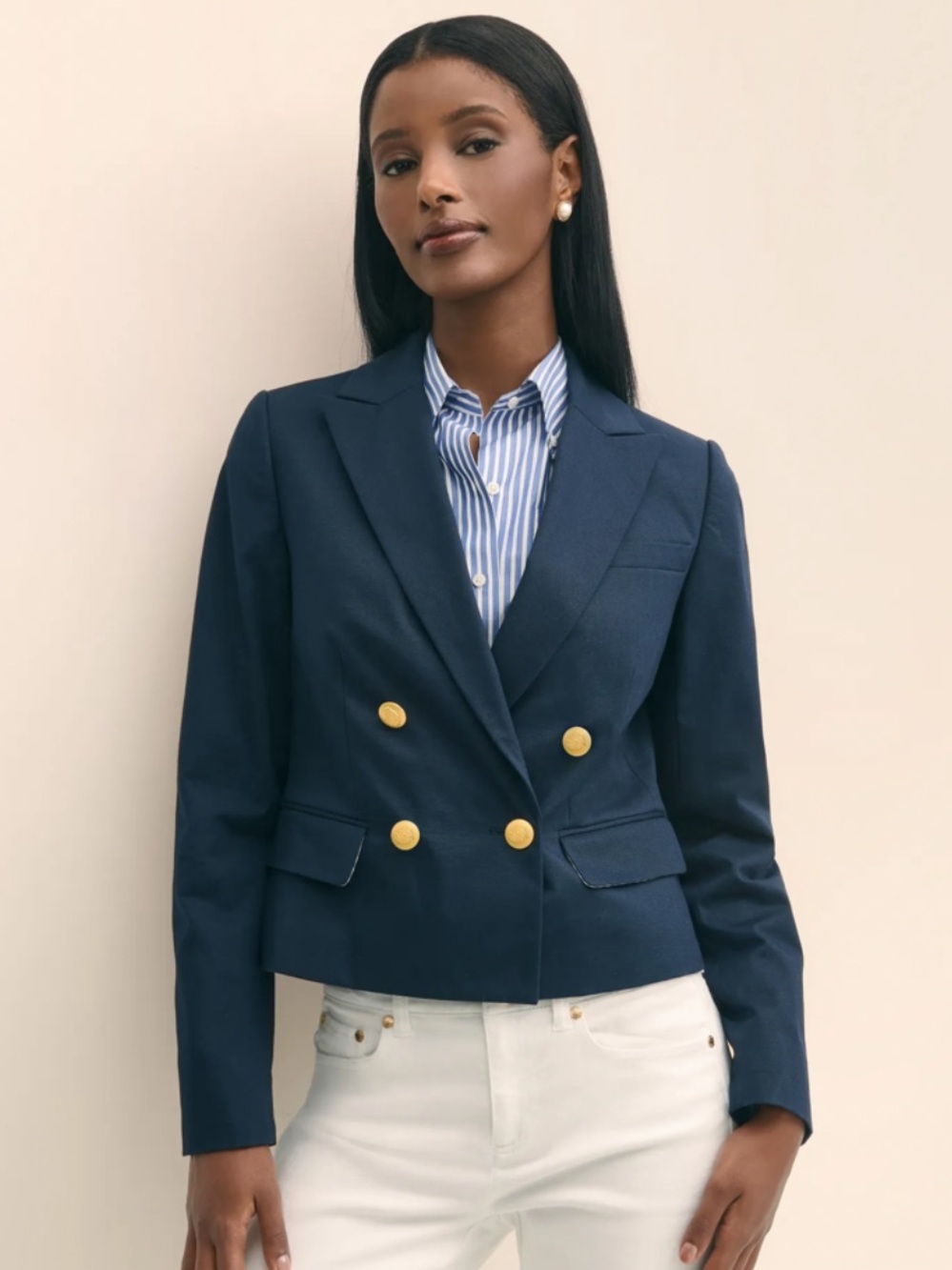 Brooks Brothers Cropped Double-Breasted Blazer in Cotton Faille